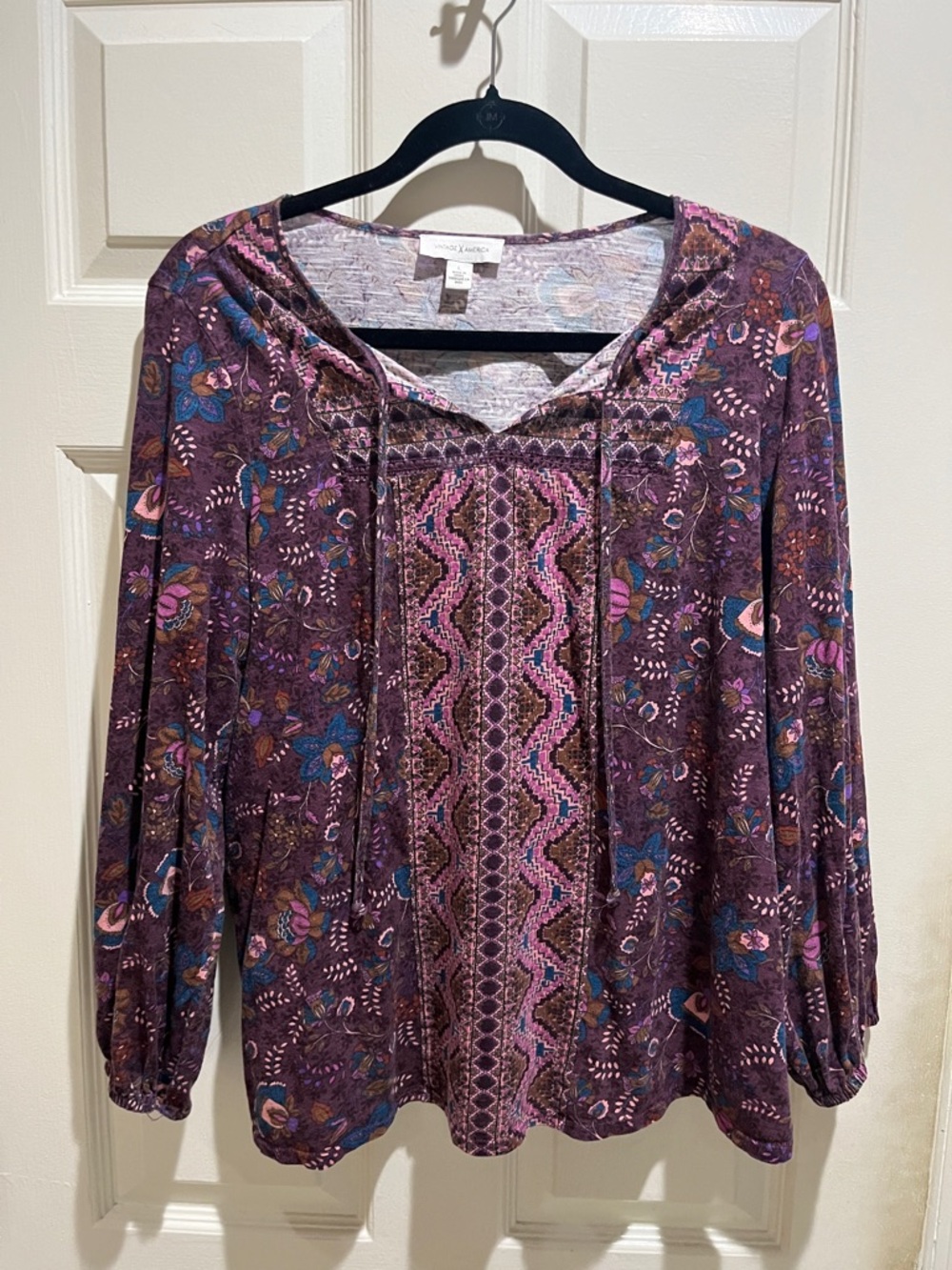 Vintage America Purple Floral Boho Peasant Blouse